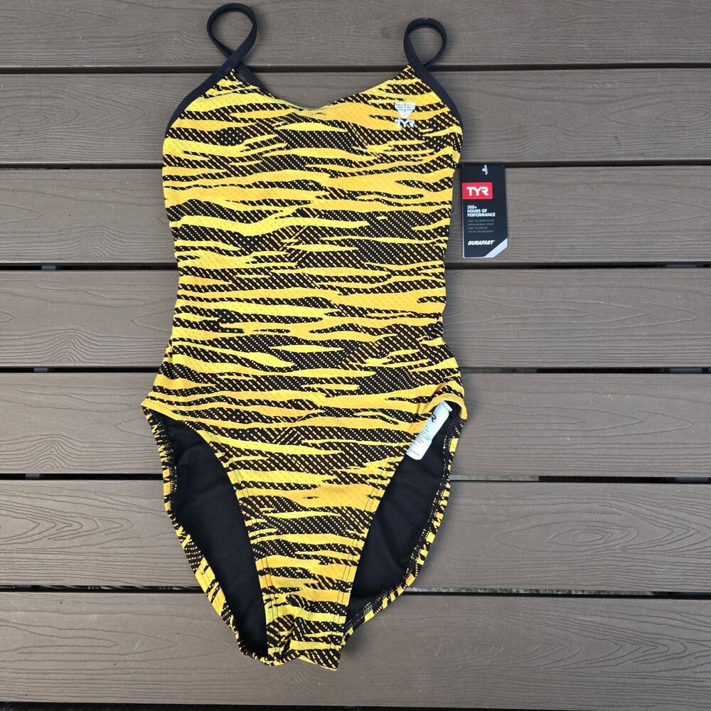 TYR Womens Durafast Elite Black/gold Crypsis Cutoutfit  One Piece Swim Sz 30 New